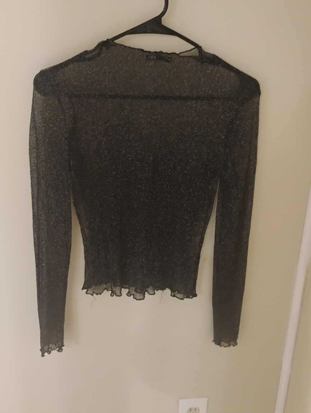 Zara Women's Sheer Shimmery Black Mock Neck Lettuce Edge Top Sz M